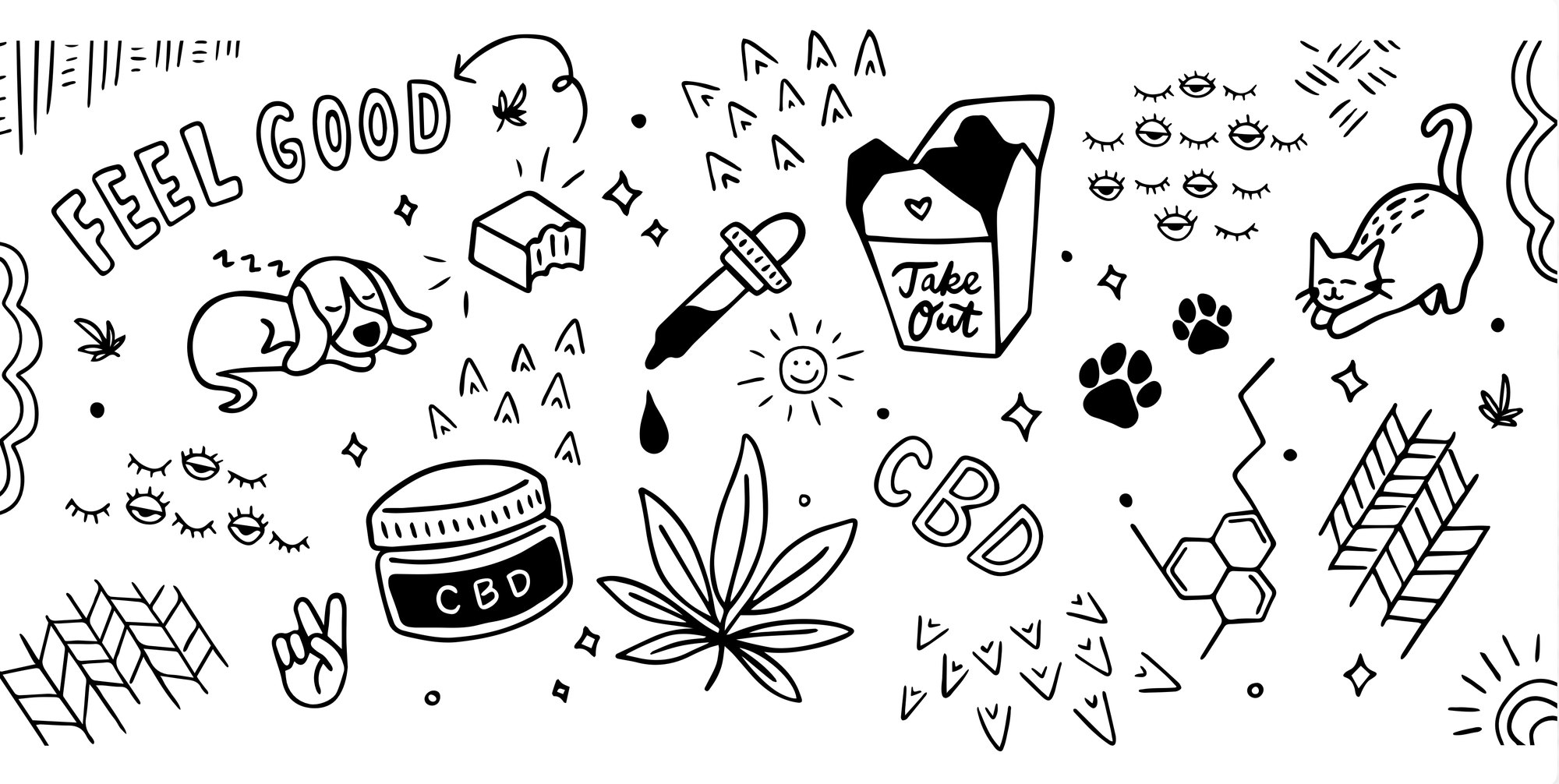 Black line illustration pattern with a takeout box, dropper, sleeping dog, cat, paw prints, leaves and hand-drawn FEEL GOOD and CBD lettering
