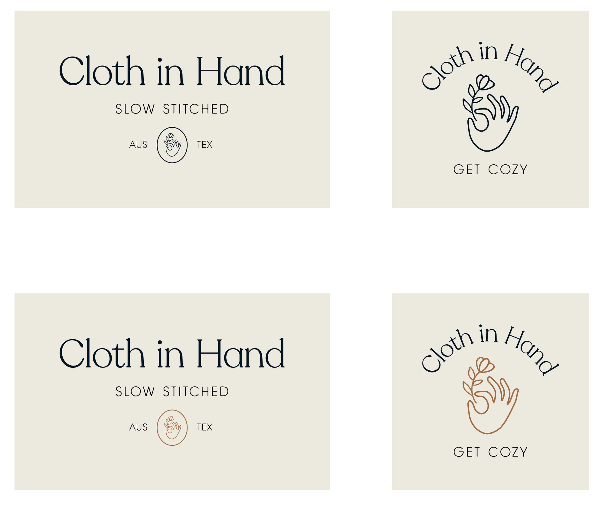 Four Cloth in Hand logo options: horizontal lockup and arched badge, each in navy and in copper