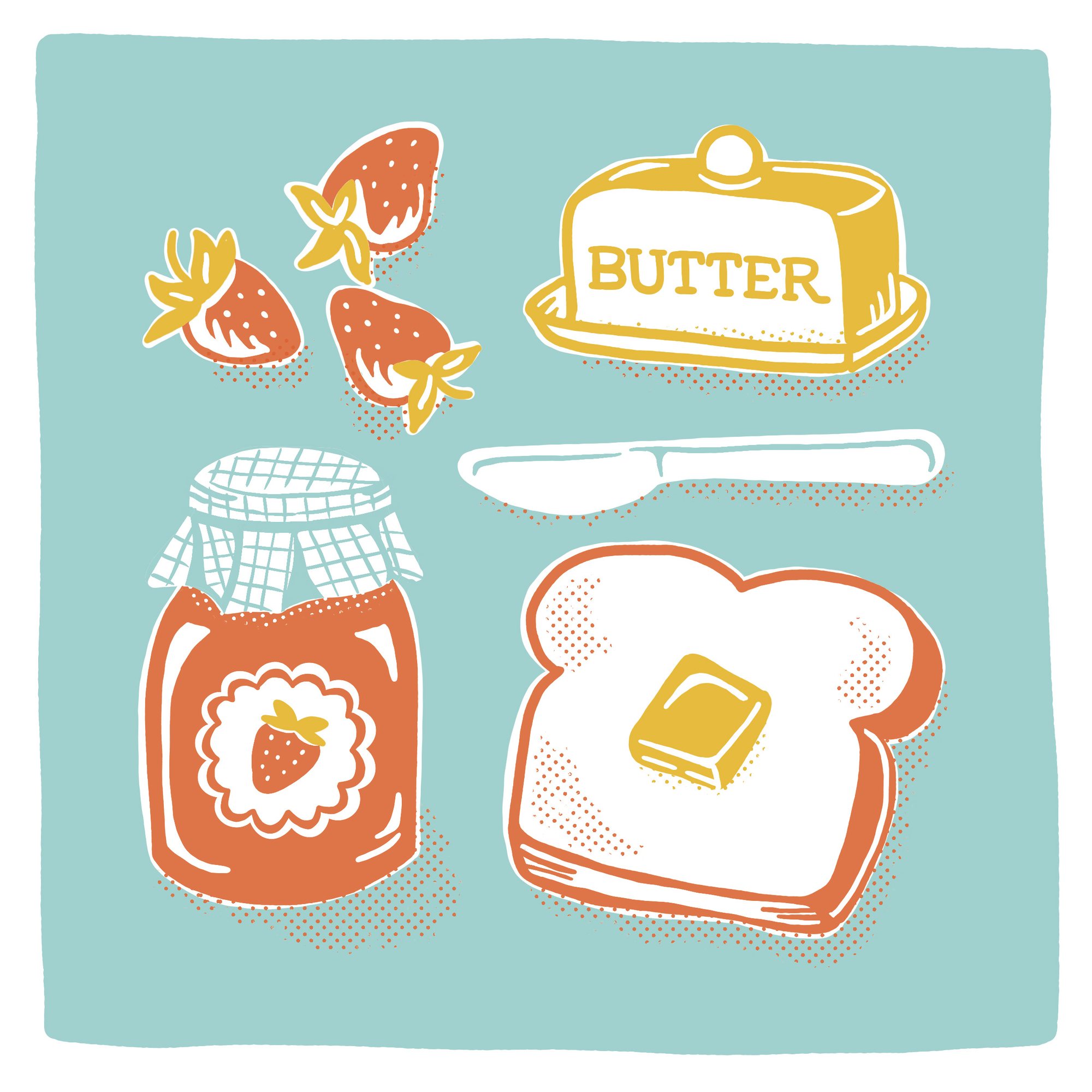 Spread the Love: illustration of a jar of strawberry jam, strawberries, a butter dish, a knife and buttered toast in red, yellow and white on teal
