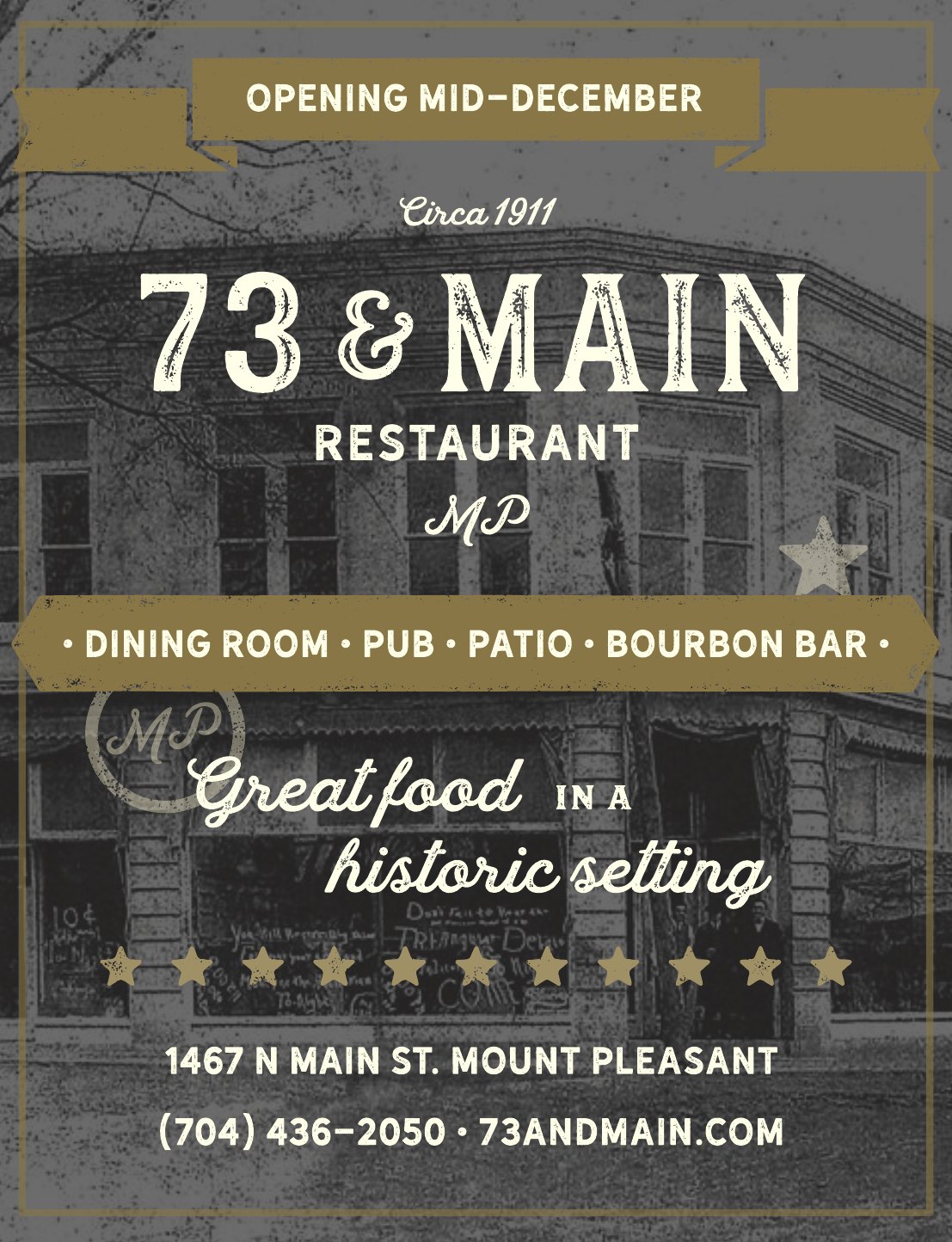 Opening social ad: Opening mid-December, 73 and Main Restaurant over a historic photo of the building, with dining room, pub, patio and bourbon bar listed