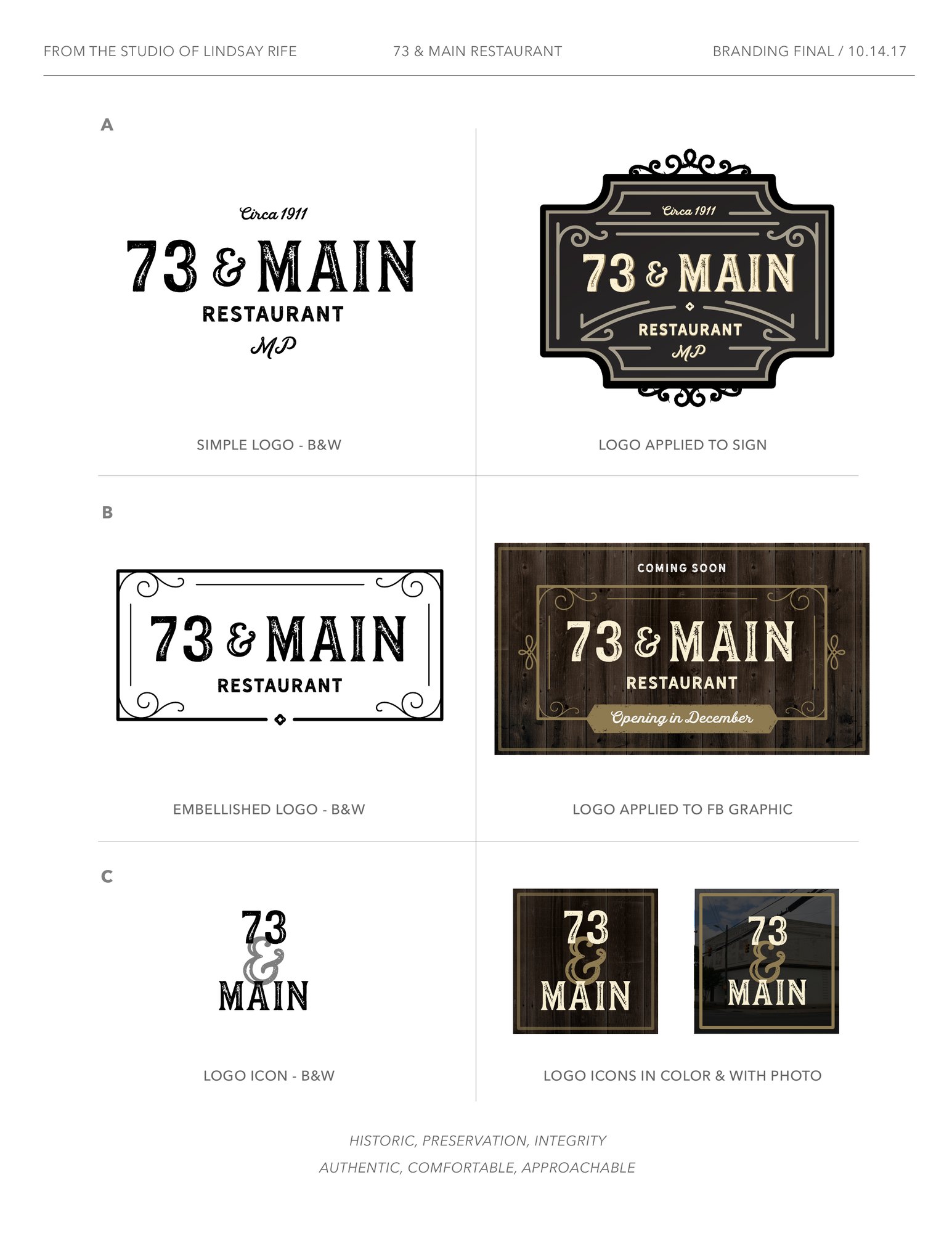 73 and Main brand sheet showing simple logo, embellished logo, stacked icon, sign treatment and a Coming Soon social graphic