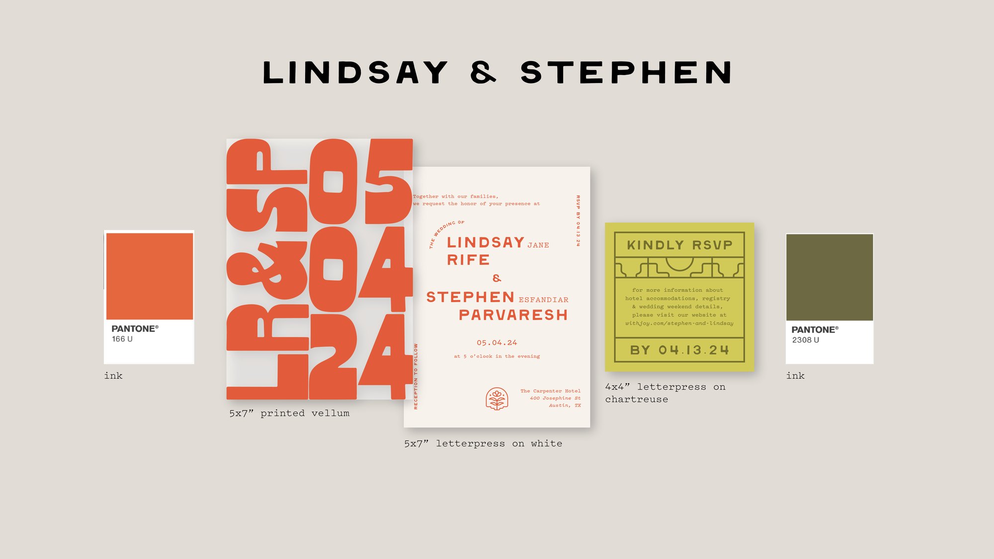 Wedding invitation suite spec sheet: orange numeral vellum wrap, letterpress invitation and chartreuse RSVP card flanked by Pantone swatches